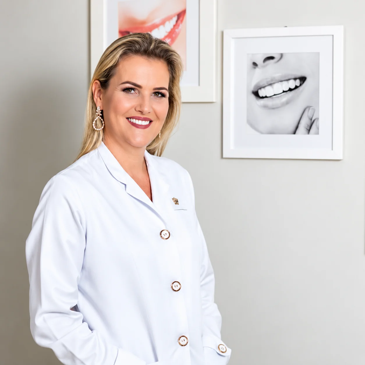Dra. Daniele Jönk, de jaleco branco, na clínica